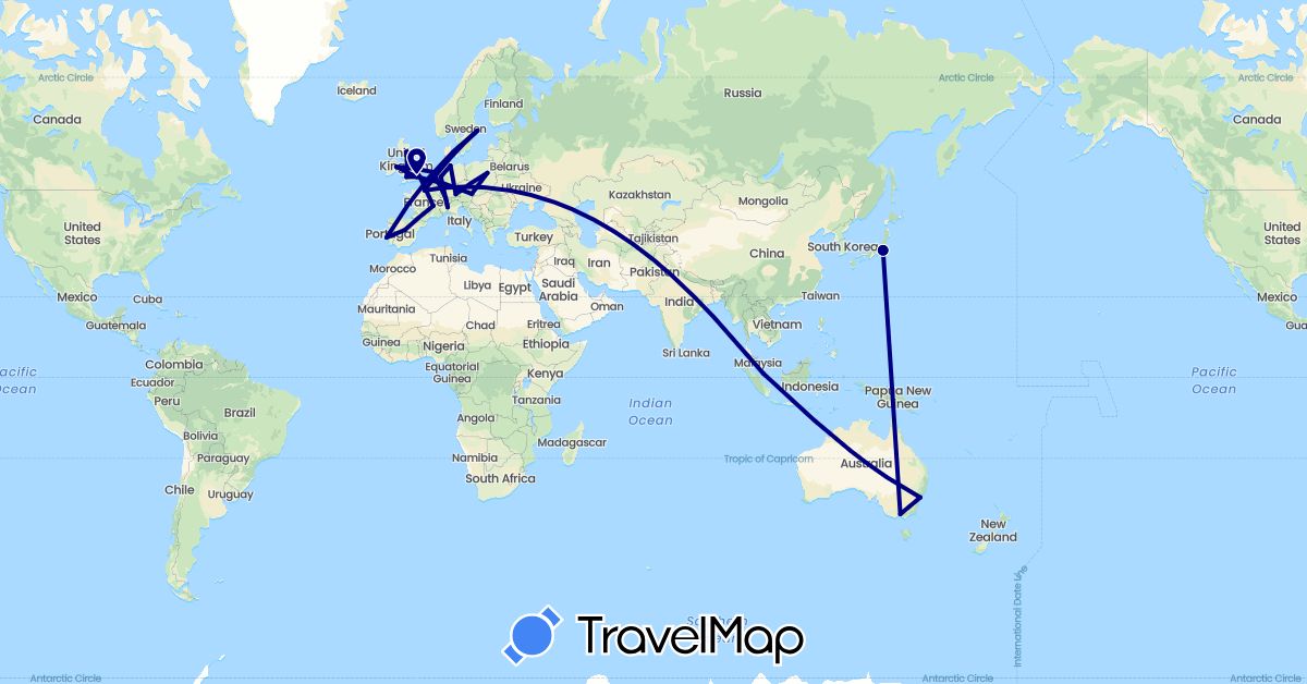 TravelMap itinerary: driving in Austria, Australia, Switzerland, Germany, Spain, France, United Kingdom, Ireland, Italy, Japan, Netherlands, Poland, Portugal, Sweden, Singapore (Asia, Europe, Oceania)